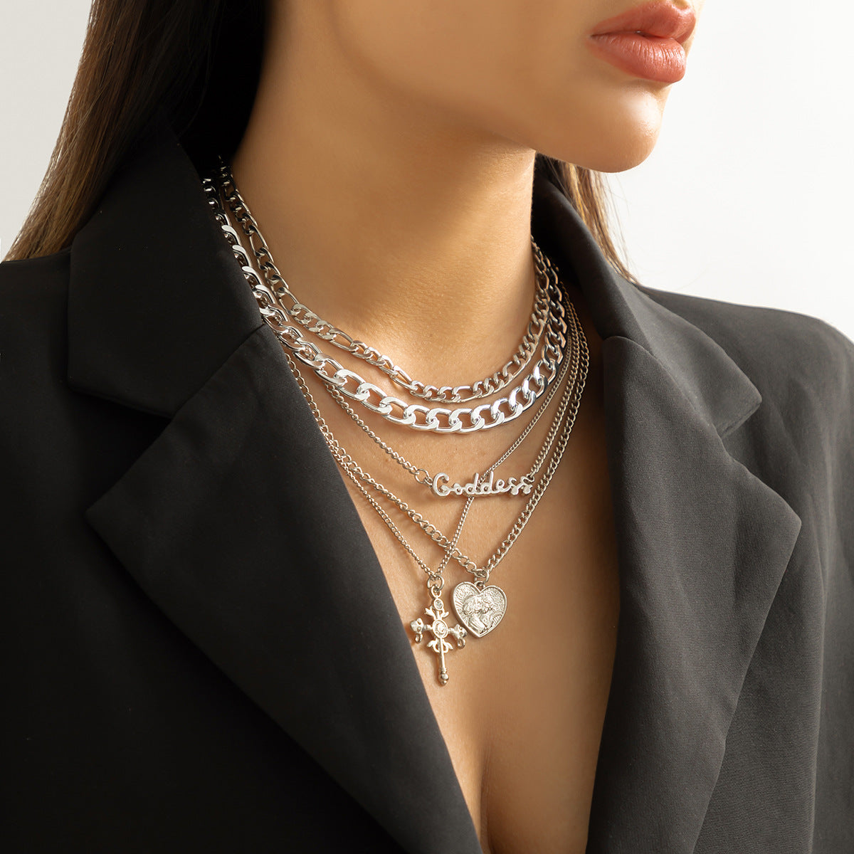 Vintage Hip-hop Multi-layer Cross and Letter Pendant Plated Zinc Alloy Necklace with Curb Chain for Women