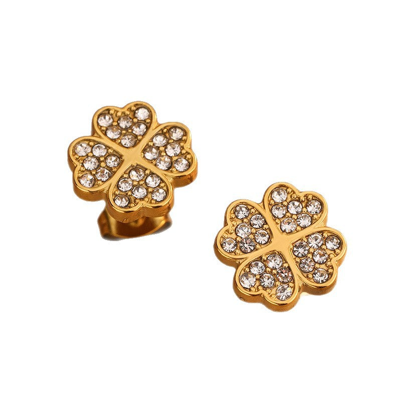 Elegant Four-Leaf Clover Rhinestone Inlay Stainless Steel Necklace Bracelet Earring Set for Women