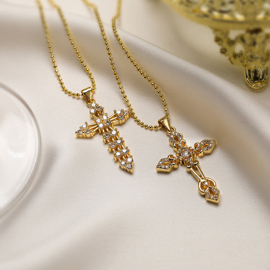 Minimalist Cross Pendant Necklace for Women in Brass with Cubic Zirconia Inlay and Geometric Design