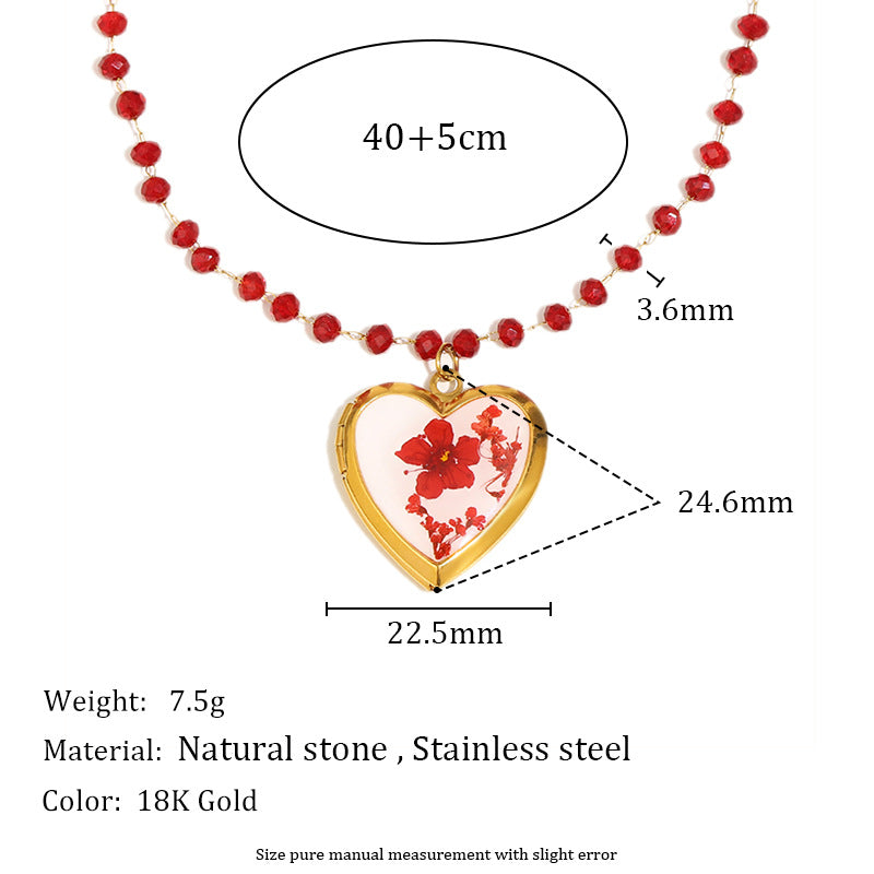 Minimalist Heart-Shaped Stainless Steel Plated 18K Gold Pressed Flower Locket Necklace with Glass Beads