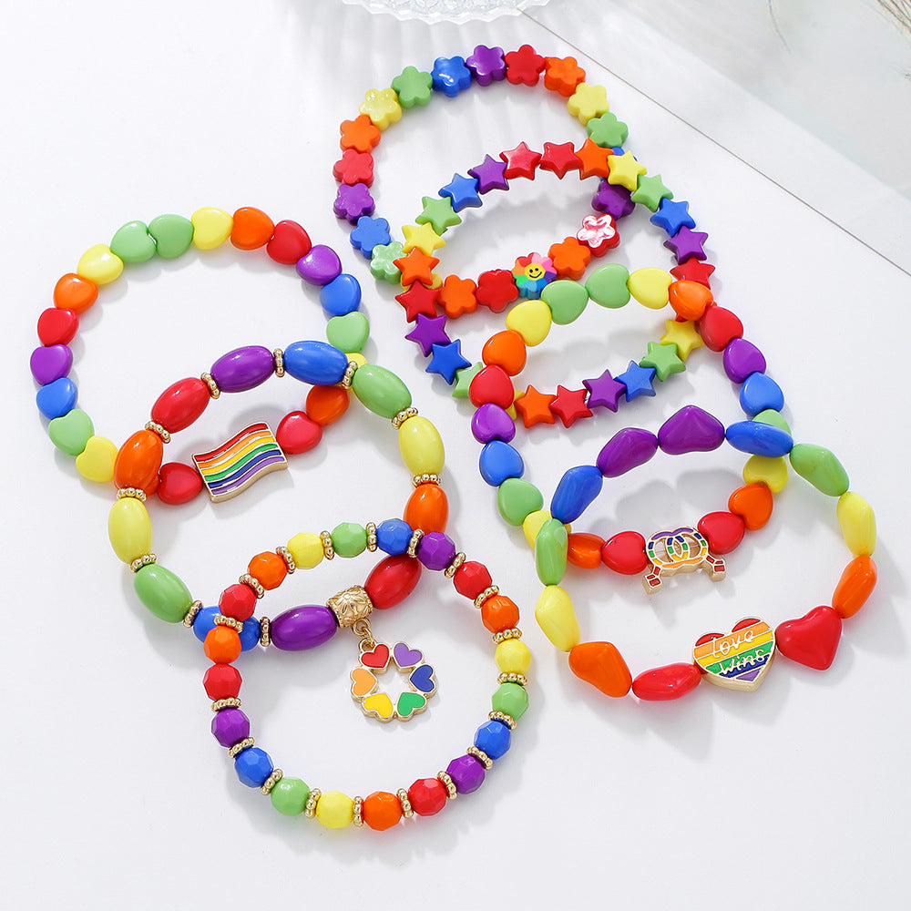 Bohemian Colorful Round Geometric Heart Acrylic Alloy Beaded Stretch Bracelet Set