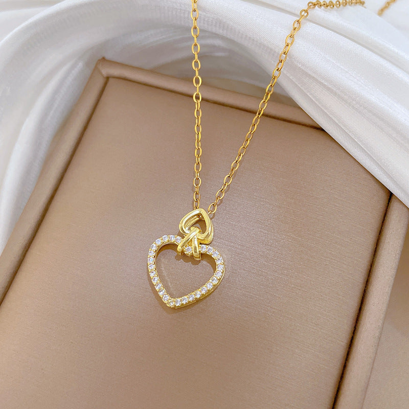 Sweet Heart Geometric Rhinestone Titanium Steel Necklace for Unisex