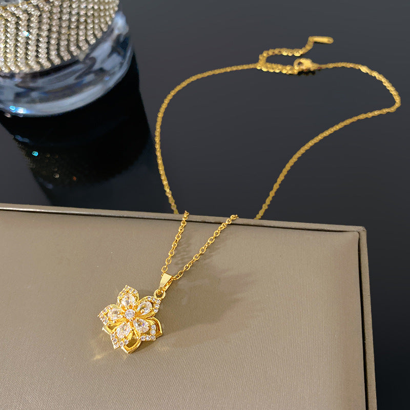 Sweet Sporty Rotatable Cubic Zirconia Floral Titanium Steel Necklace for Women