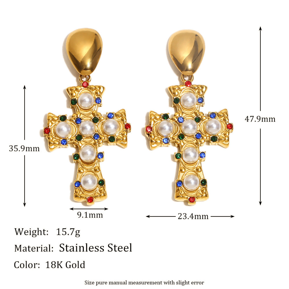 Vintage-Style Cross-Shaped Stainless Steel Earrings with 18K Gold Plating and Colored Rhinestone and Pearl Accents for Women