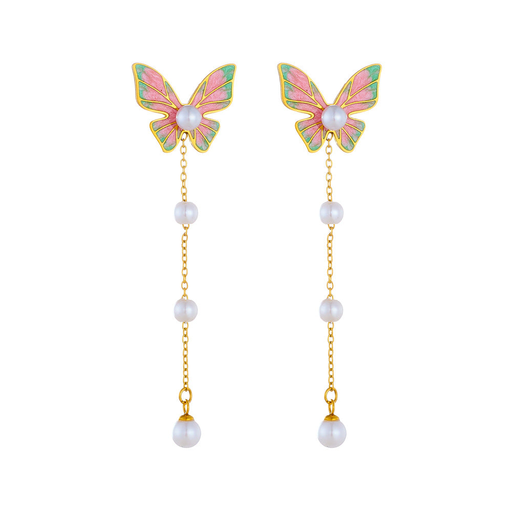 Sweet and Cute Butterfly-Shaped Stainless Steel Earrings with Pearl Dangle, Gradient Enamel Finish, and Polished Surface