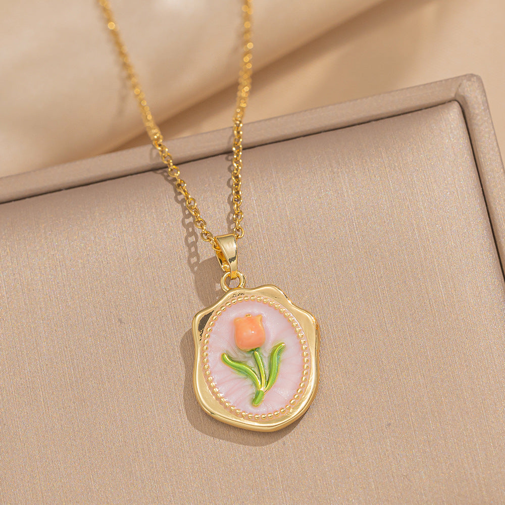 Baroque Style Leaf-Shaped Titanium Steel Necklace with Tulip Floral Motif, Vacuum-Plated for Hypoallergenic Wear, O-Chain Design