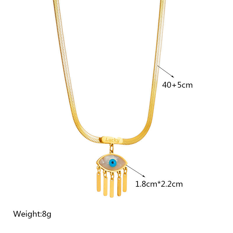 Vintage U-Shaped Snake Chain Necklace in Titanium Steel with Blue Eye Pendant and Fringe Detail