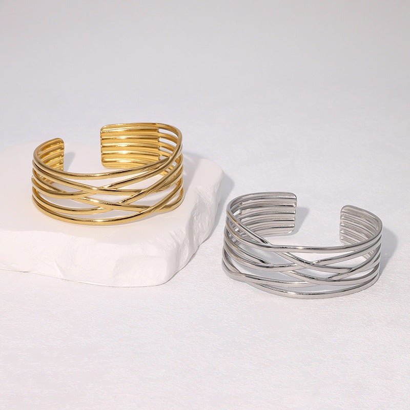 Bracciale Minimalista Geometrico Irregolare in Acciaio Inossidabile Placcato Oro con Linee Pulite