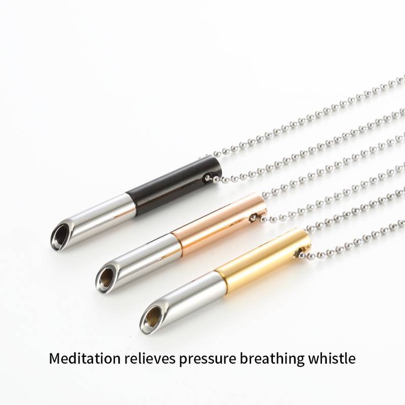 Mindfulness Meditation Whistle Pendant Necklace in Stainless Steel with Geometric Shape Polished Finish for Stress Relief and Yoga Practice