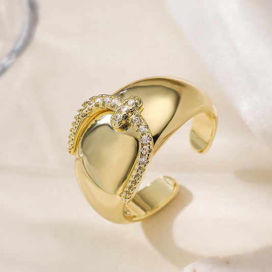 Minimalist Geometric Open Ring for Women in Copper with 18K Gold Plating and Zircon Inlay