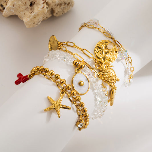 Pulsera de mujer con colgante de estrella de mar y tortuga estilo vacaciones en acero inoxidable con incrustaciones de diamantes de imitación