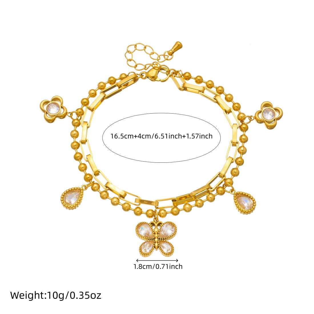 Minimalist Gold Plated Stainless Steel Teardrop Butterfly Rhinestone Pendant Double Layer Chain Bracelet for Women