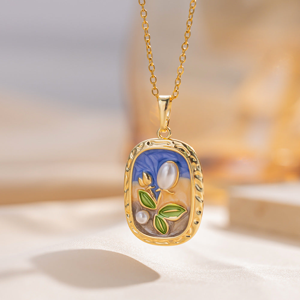 Elegant French Vintage Style Floral Pendant Necklace in Titanium Steel with Enamel Finish and O-Chain