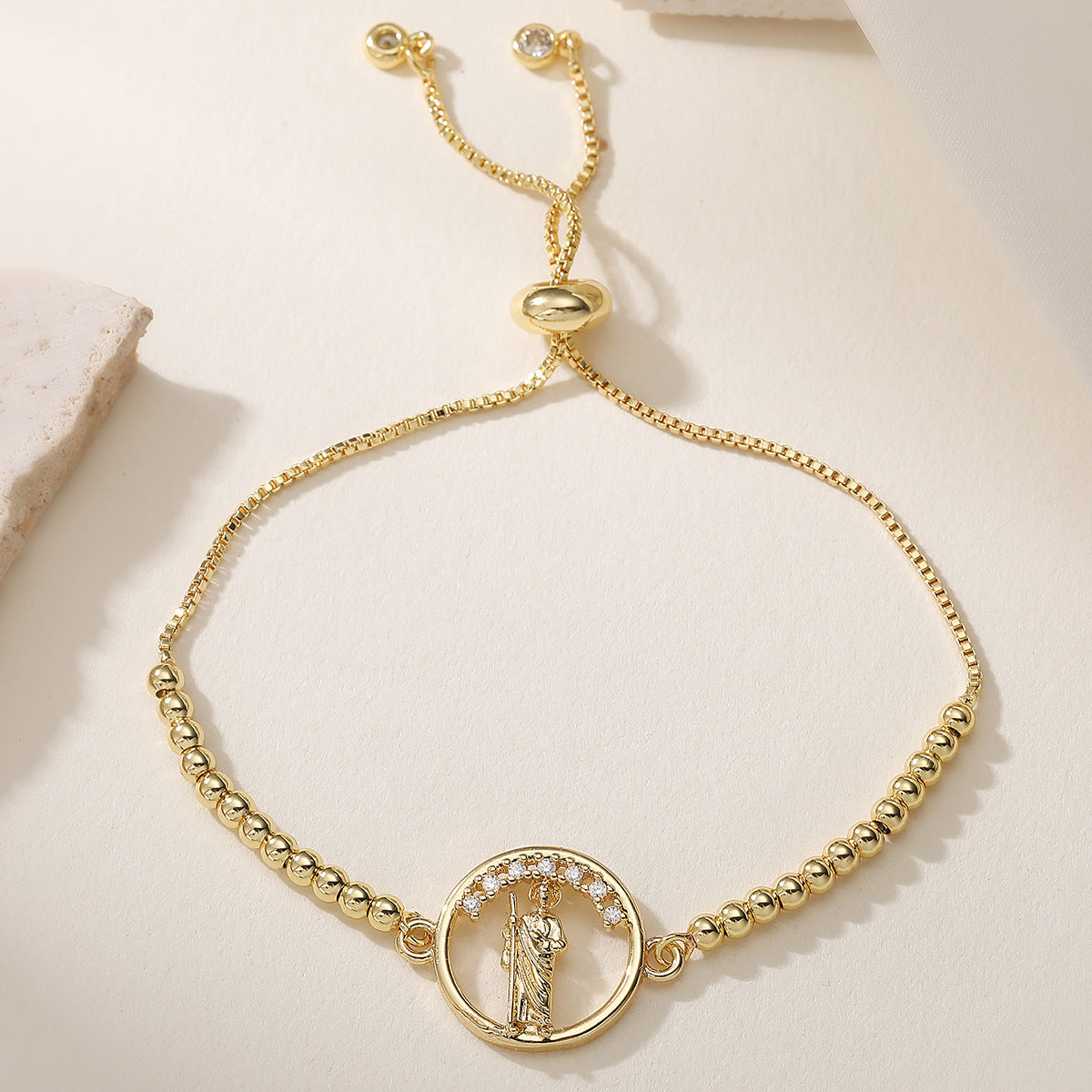 Vintage 18K Gold Plated Brass Geometric Bracelet with Cubic Zirconia Virgin Mary Charm for Women