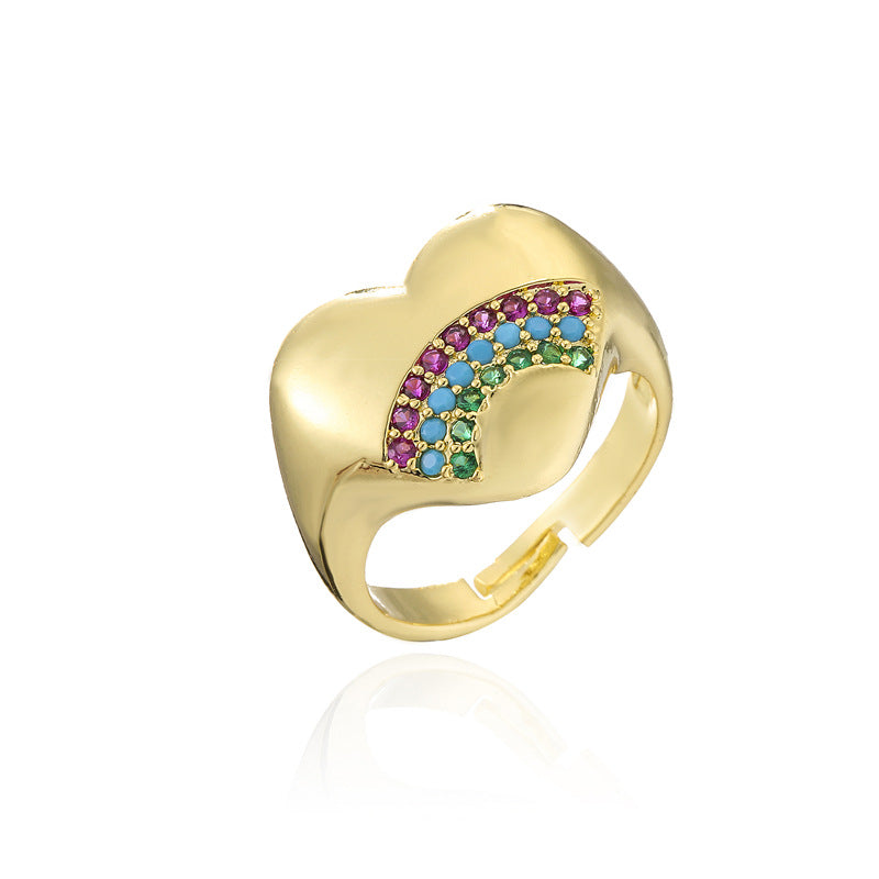 18K Gold Plated Brass Heart Ring with Micro-Inlay Rainbow Cubic Zirconia for Women