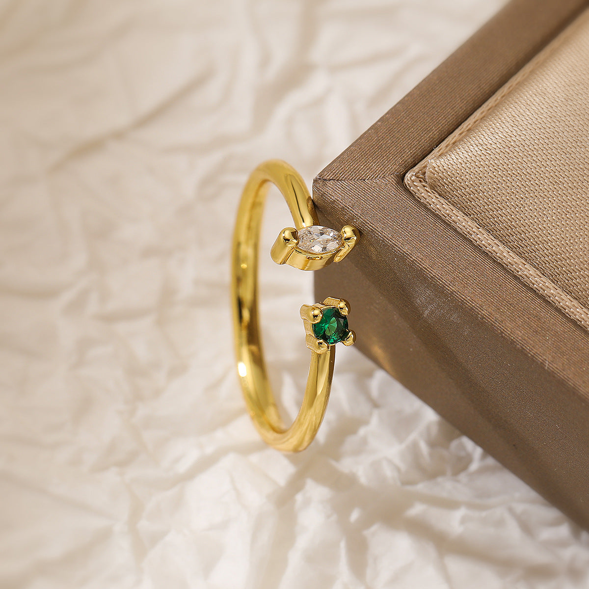 Minimalist Geometric Copper Ring with Real Gold Plating and Zircon Inlay for Women