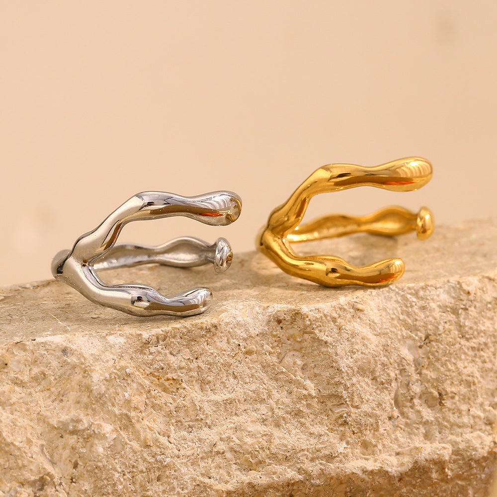 Anillo abierto de acero inoxidable chapado en oro de 18 quilates con diseño geométrico irregular minimalista para mujer