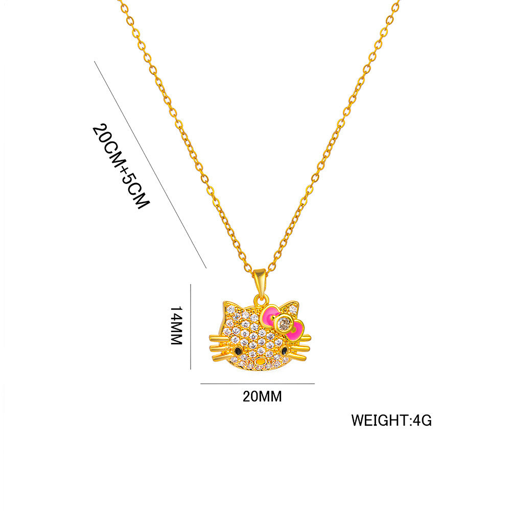 Collana Pendente Gatto Geometrico Minimalista in Acciaio Titanio con Zirconi Micro-Incastonati Placcata Oro Vero con Catena a Serpente per Donna