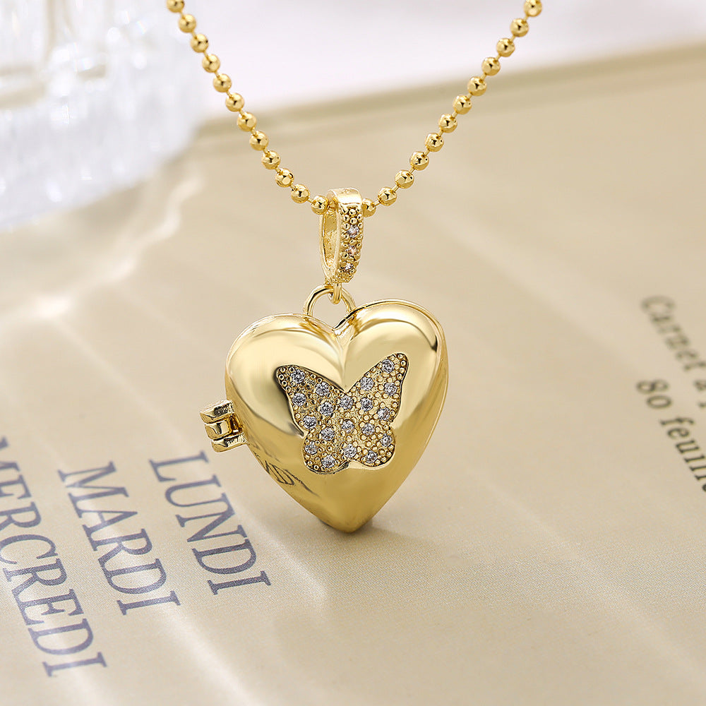 Minimalist Butterfly Star Heart Eye Photo Pendant Necklace for Women in Copper with Gold Plating and Zircon Inlay