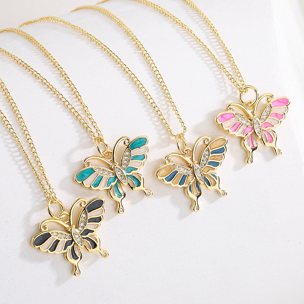 Minimalist Butterfly Pendant Necklace for Women with Copper Base Plated in 18K Gold and Enamel Finish Featuring Cubic Zirconia Accents