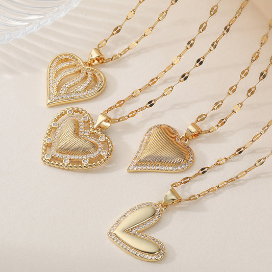 Minimalist Gold Plated Brass Heart Pendant Necklace with Cubic Zirconia for Women