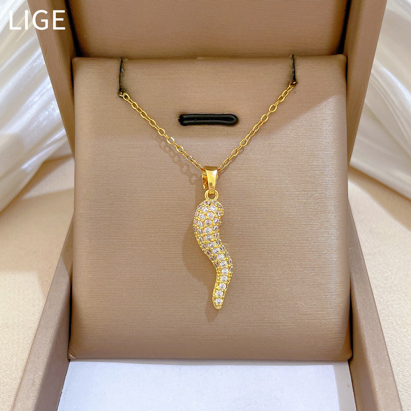Sweet Geometric Chili Pepper Rhinestone Pendant Necklace Titanium Steel Cable Chain for Women and Men