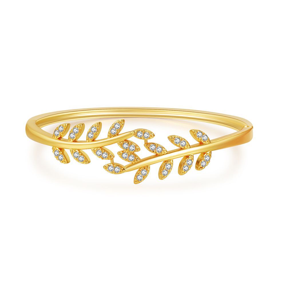 Minimalist Elegant Geometric Leaf Branch Brass Cuff Bracelet with Cubic Zirconia Inlay for Women and Men