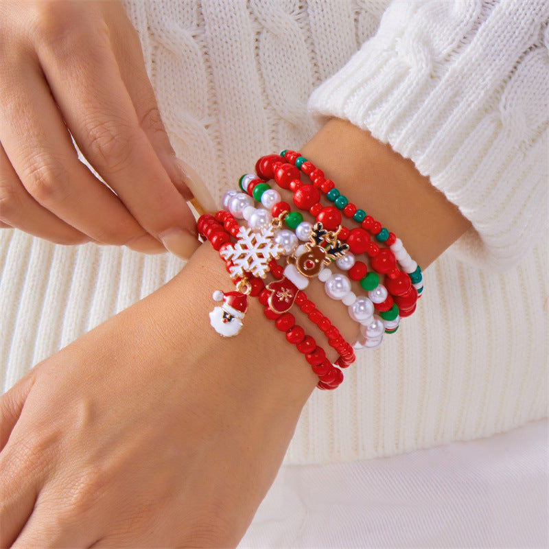 Set di bracciali in lega a tema natalizio, dolce e grintoso, con renna, fiocco di neve, albero e perle di vetro in cristallo