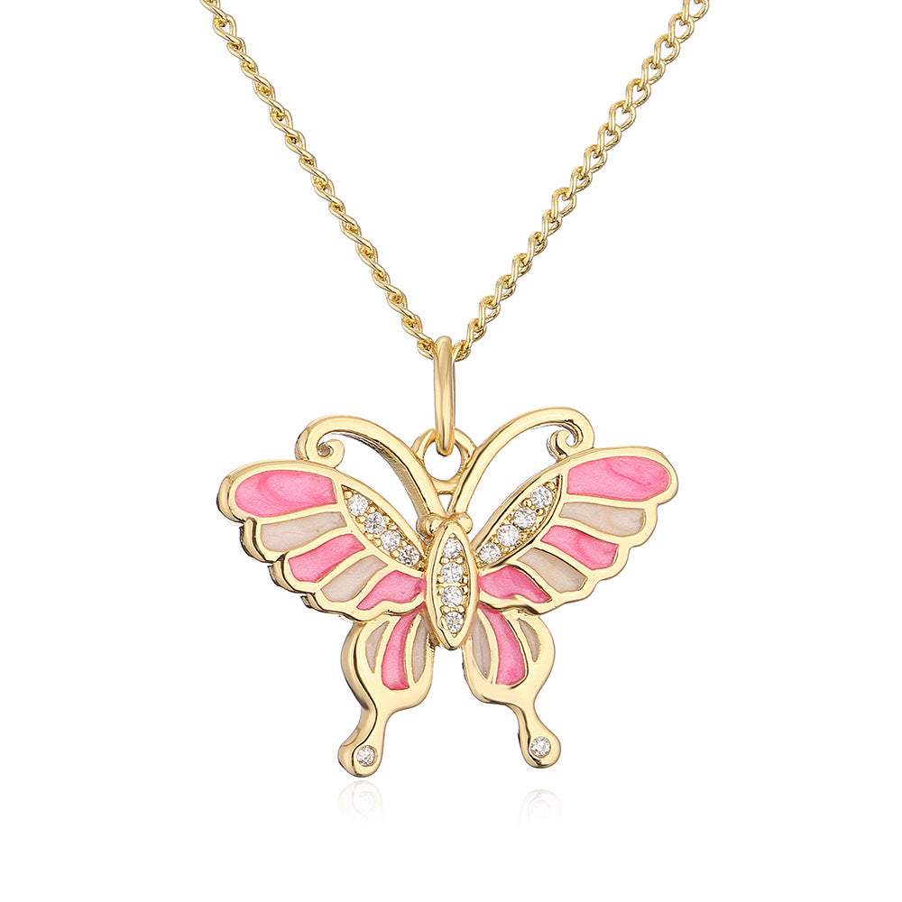 Minimalist Butterfly Pendant Necklace for Women with Copper Base Plated in 18K Gold and Enamel Finish Featuring Cubic Zirconia Accents