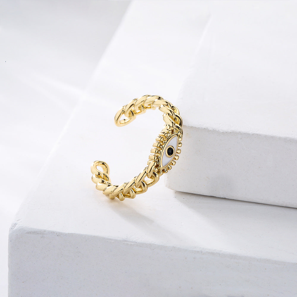 Anello Aperto Geometrico Minimalista da Donna con Base in Rame, Placcatura in Oro 18K e Smalto a Forma di Occhio di Allah