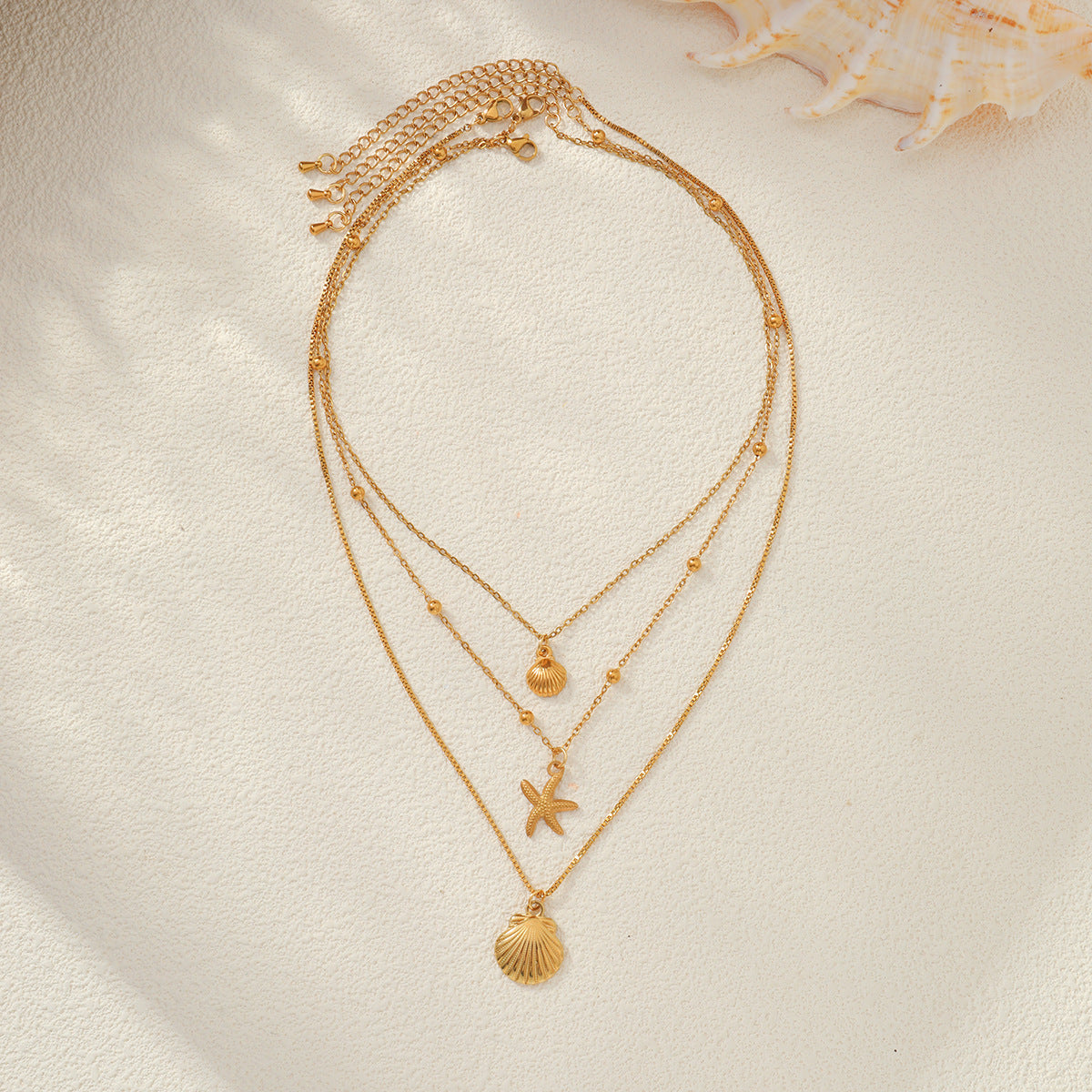 Sweet Stainless Steel Starfish Shell Pearl Pendant Necklace Plated Fine Chain Women's Jewelry