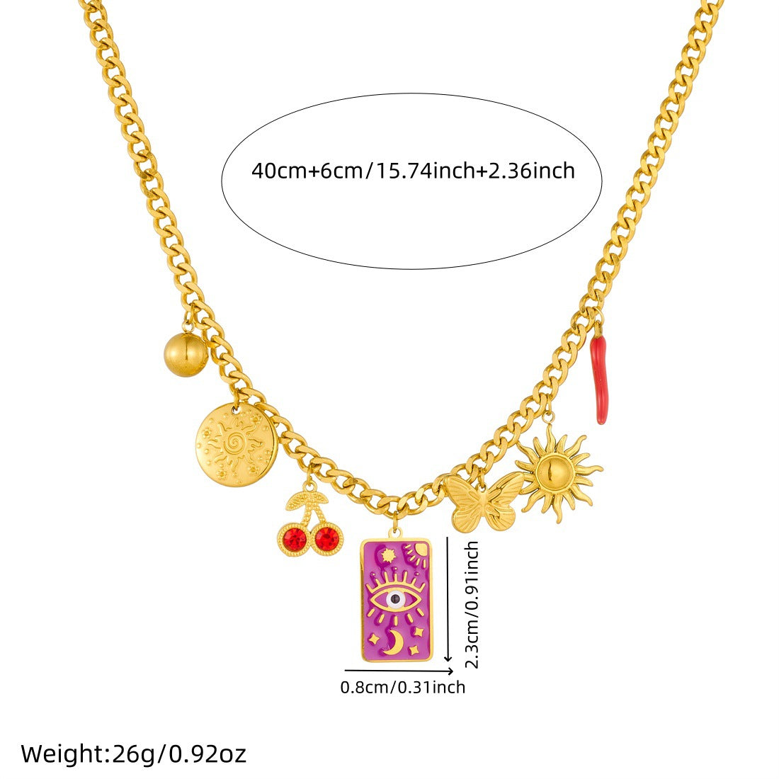 Sweet Streetwear Square Drip Oil Stainless Steel Necklace with Star Moon Butterfly Sun Eye Patterns and Serpentine Chain