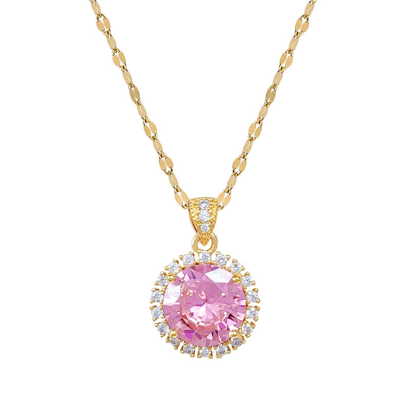 Sweet Round Geometric Titanium Steel Necklace with Micro-Inlaid Cubic Zirconia on Brass Pendant