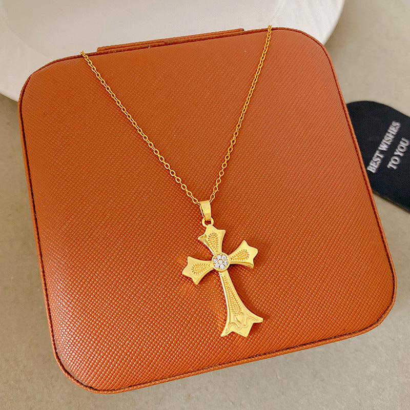 Sporty Sweet 18K Gold Plated Cross Titanium Steel Necklace with Cubic Zirconia for Women