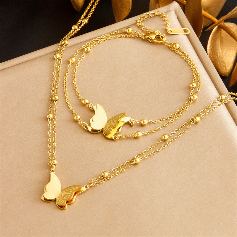 Fashion Business Casual Plated Stainless Steel Butterfly Necklace and Bracelet Set