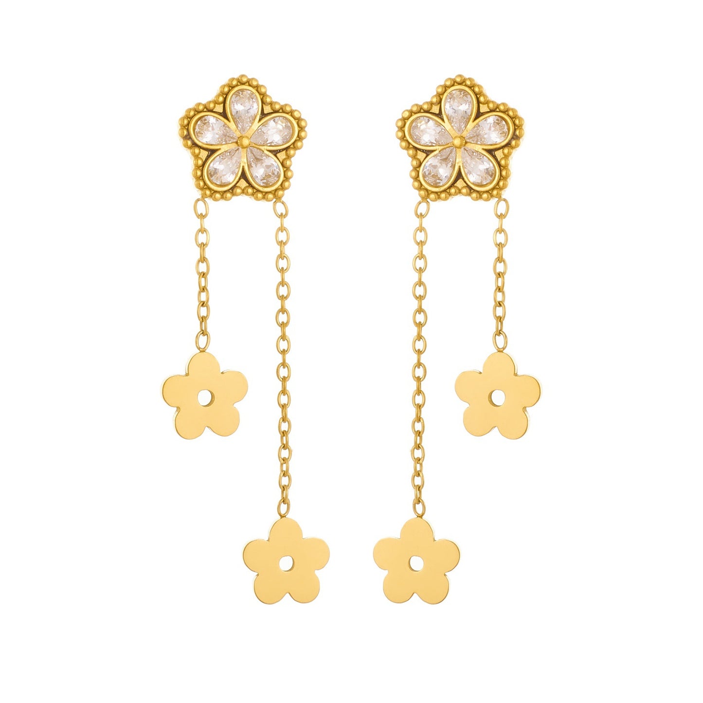 Minimalist Gold Plated Stainless Steel Floral Rhinestone Tassel Drop Earrings for Women