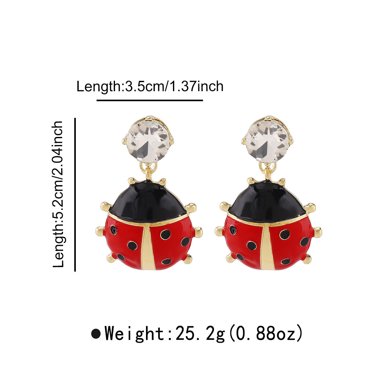 Orecchini da donna smaltati con coccinella e fragola in strass, in lega con finitura placcata, stile retrò chic
