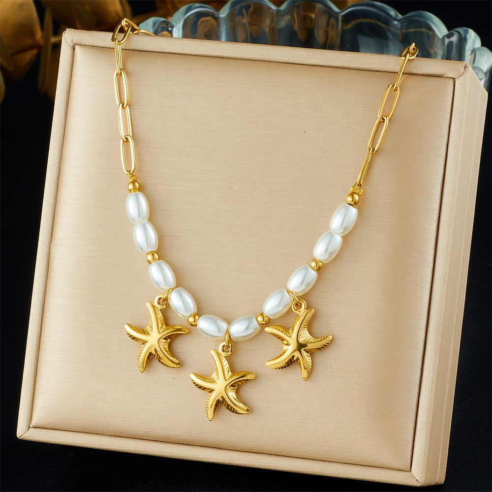 Minimalist Gold Plated Starfish Stainless Steel Necklace with Simulated Pearl Beads for Women