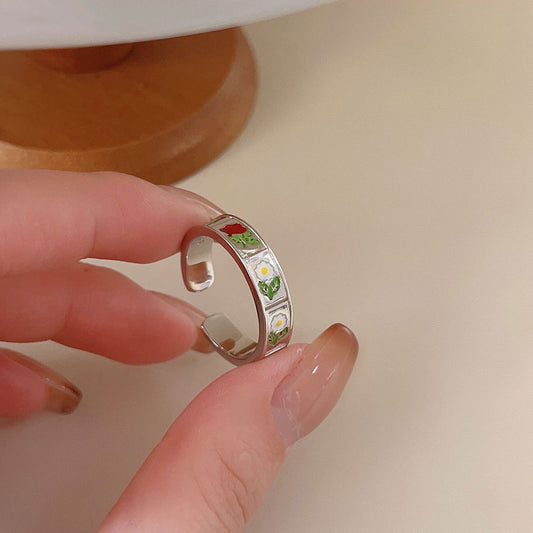 Anillo Minimalista Dulce de Plata Fina 925 con Diseño Floral Geométrico Chapado de Margarita Rosa