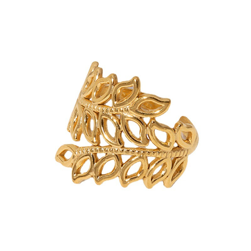 Minimalist Leaf-Shaped Titanium Steel Ring for Women with 18K Gold Plating Adjustable Band