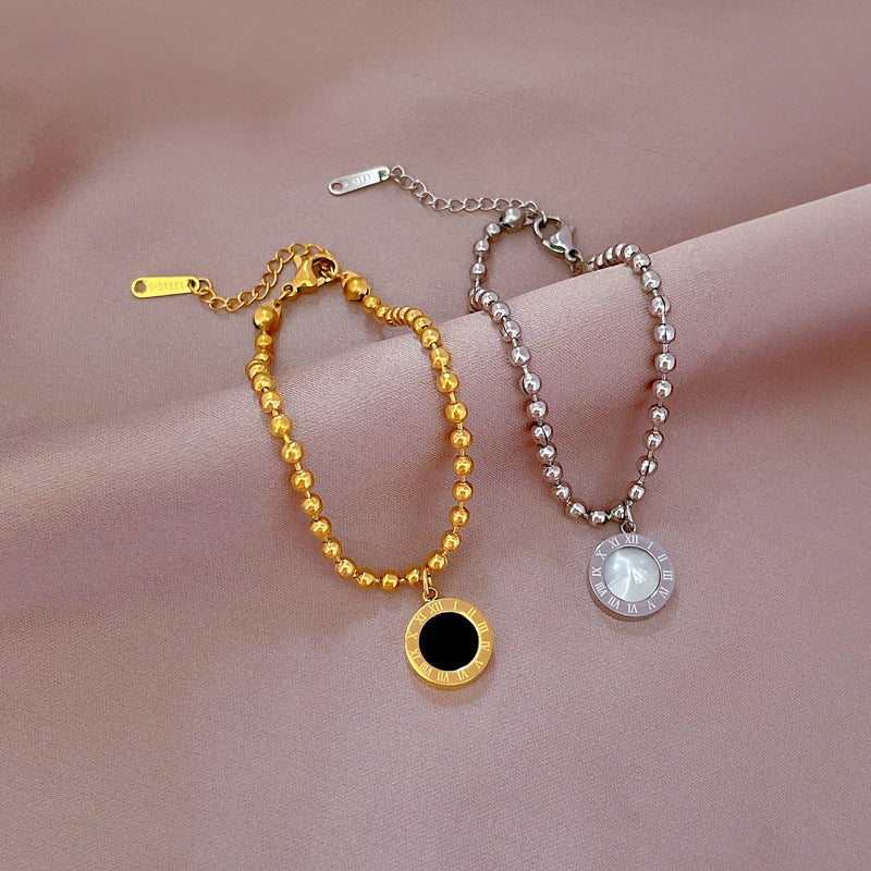 Minimalist Titanium Steel Roman Bead Bracelet for Women with Gold Plating and Water Ripple Texture