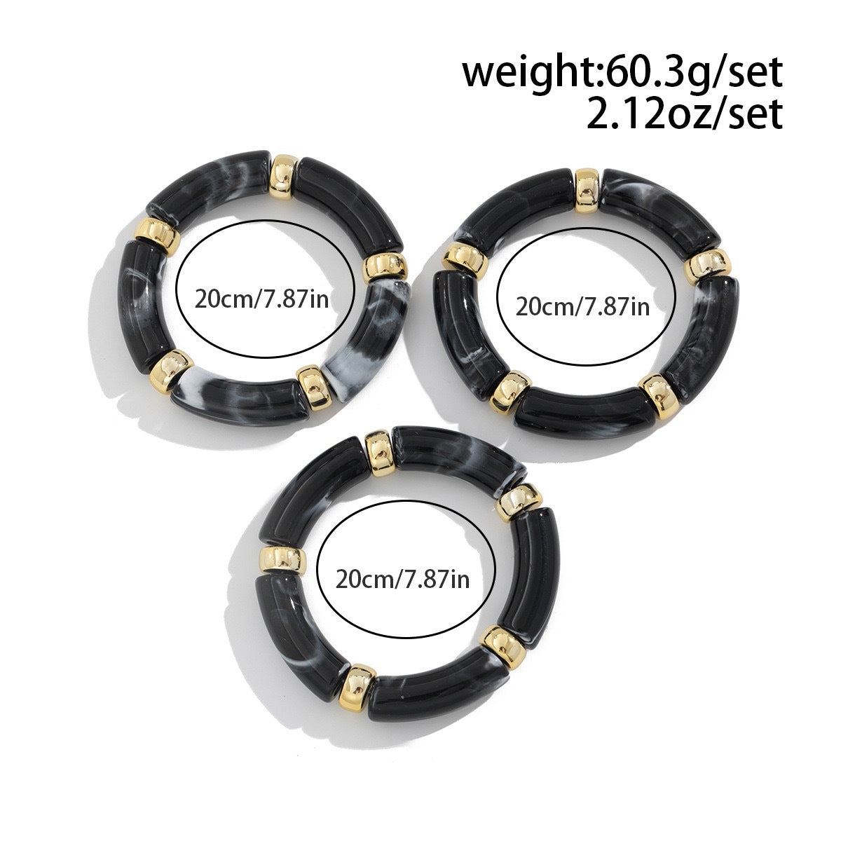 Set di bracciali con perline in resina geometrica e snodi in bambù, placcati oro e tubi curvi lucidati