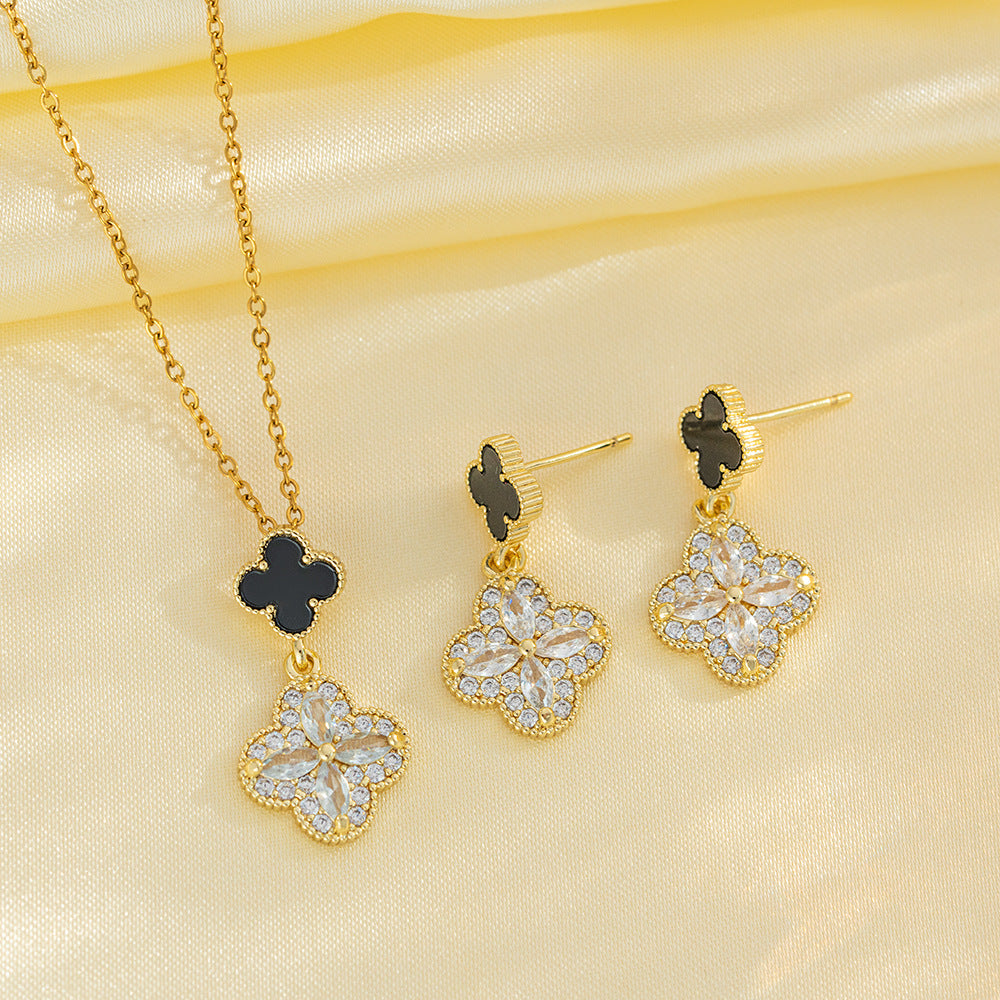 Set di Collana e Orecchini con Ciondolo a Goccia a Cuore Minimalista di Lusso in Acciaio al Titanio con Intarsi di Strass e Placcatura in Oro su Catena a O