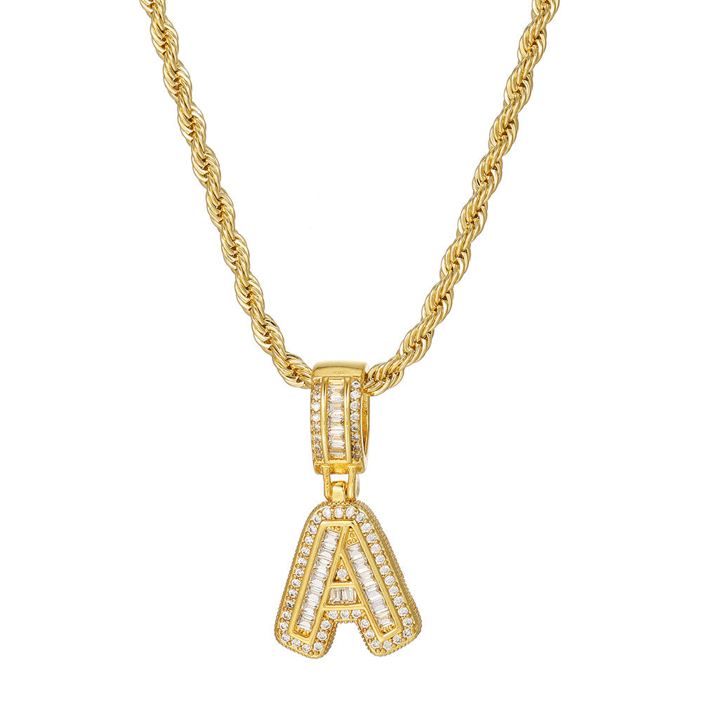 Personalized 18K Gold Plated Brass Cubic Zirconia Letter Pendant Necklace with Stainless Steel Rope Chain