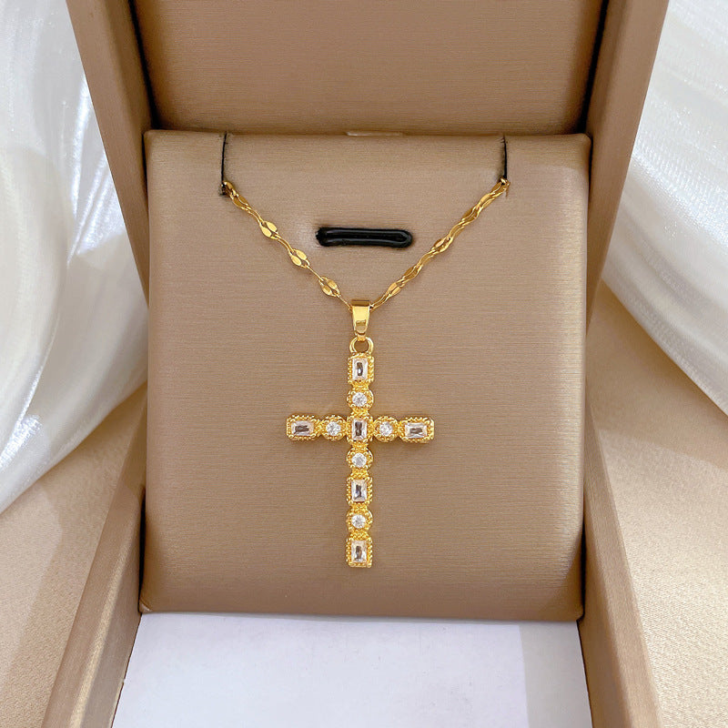 Vintage Luxury Titanium Steel Cross Collar Chain with Zircon Inlay