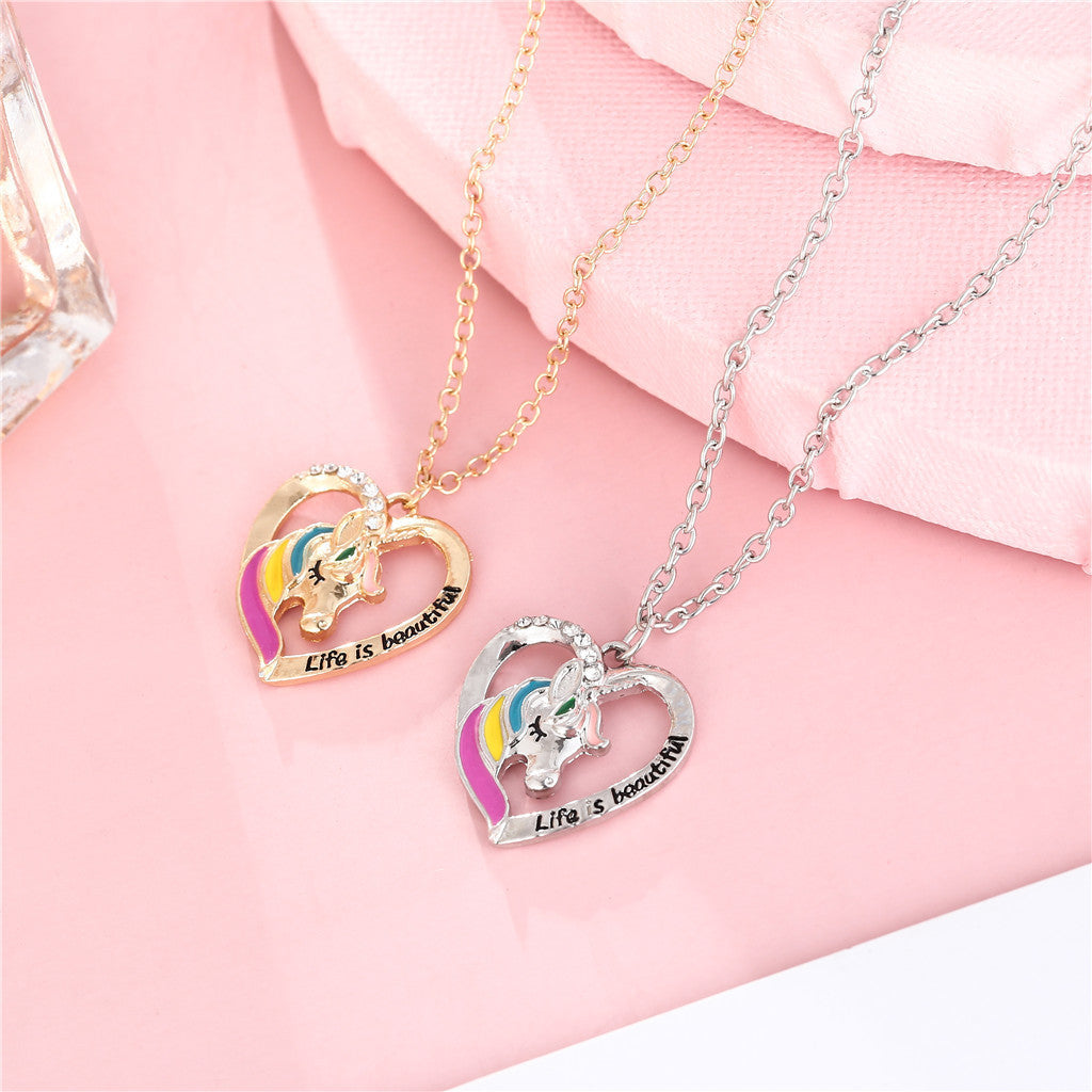 Collar colgante minimalista de unicornio para niñas, joyería de esmalte de aleación con forma de corazón, cadena O de longitud ajustable
