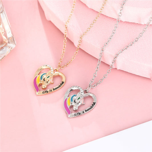 Minimalist Unicorn Pendant Necklace for Girls Alloy Heart-Shaped Enamel Jewelry with O-Chain Adjustable Length