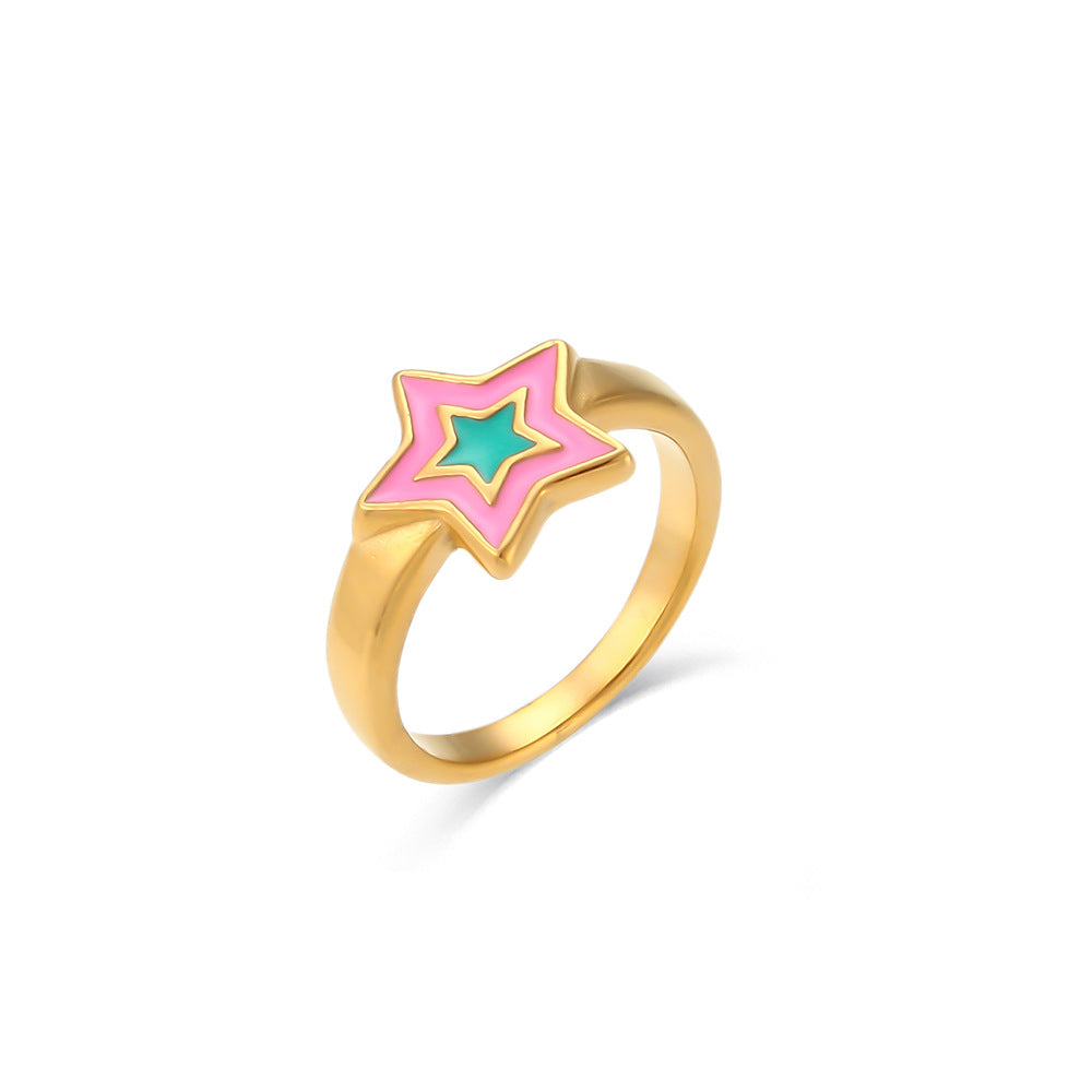 Minimalist Bohemian Star-Shaped Stainless Steel Ring for Women with Enamel Finish and Geometric Design