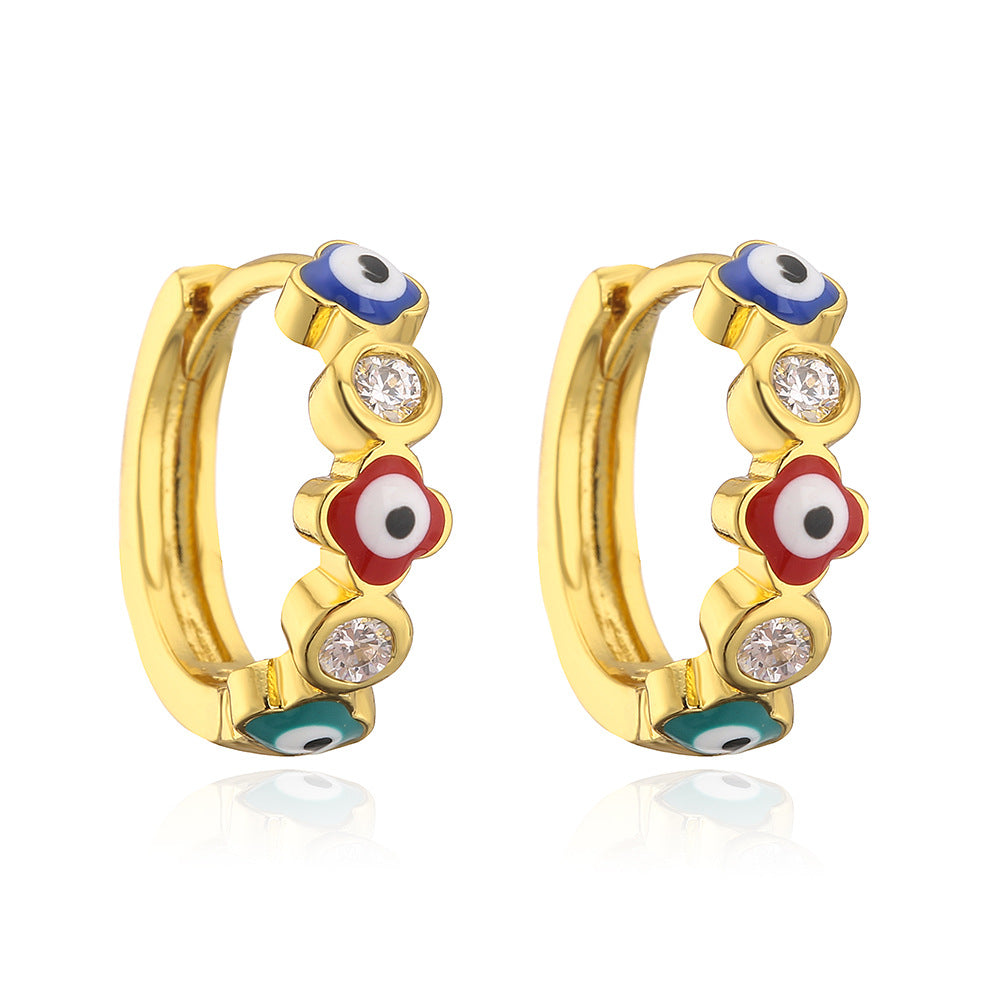 Orecchini da donna geometrici mini retrò a forma di occhio diabolico in rame con placcatura in oro 18K e intarsio di zirconi