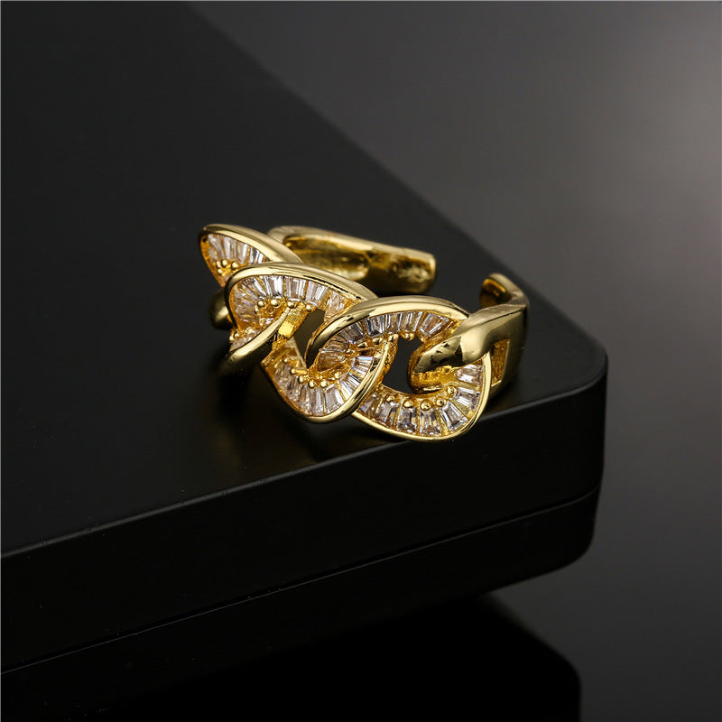 18K Gold Plated Geometric Micro-Inlaid Cubic Zirconia Brass Ring for Women
